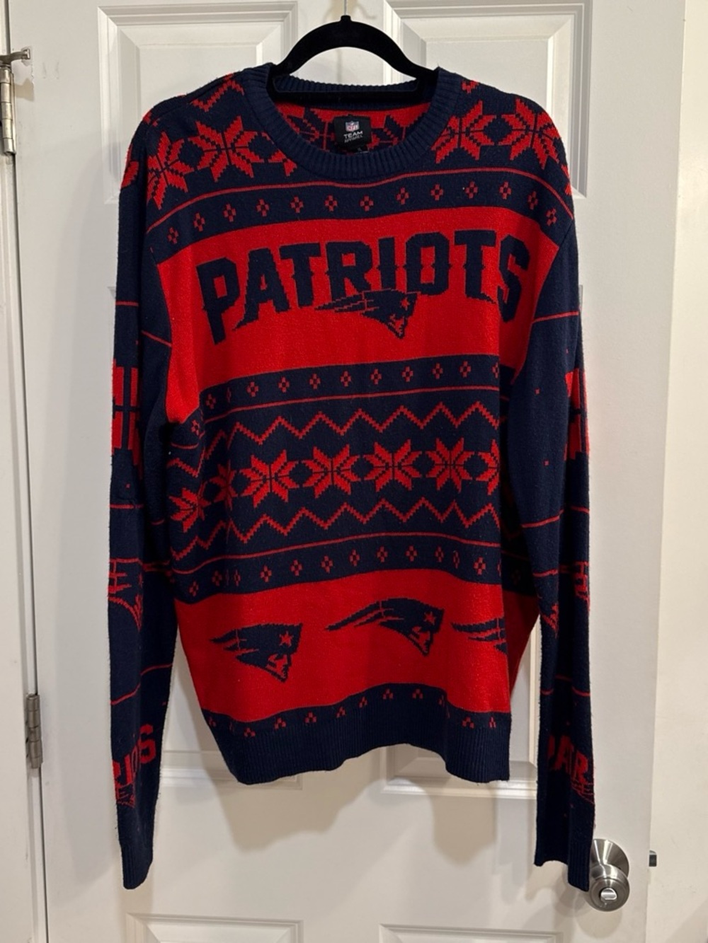 NFL Patriots Navy and Red Holiday Crewneck Sweater